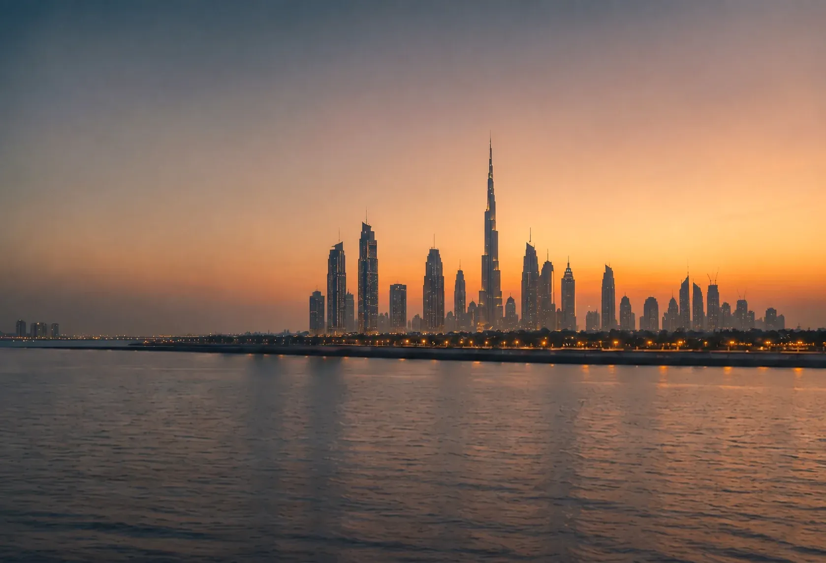 Dubai skyline aerial view at sunset
